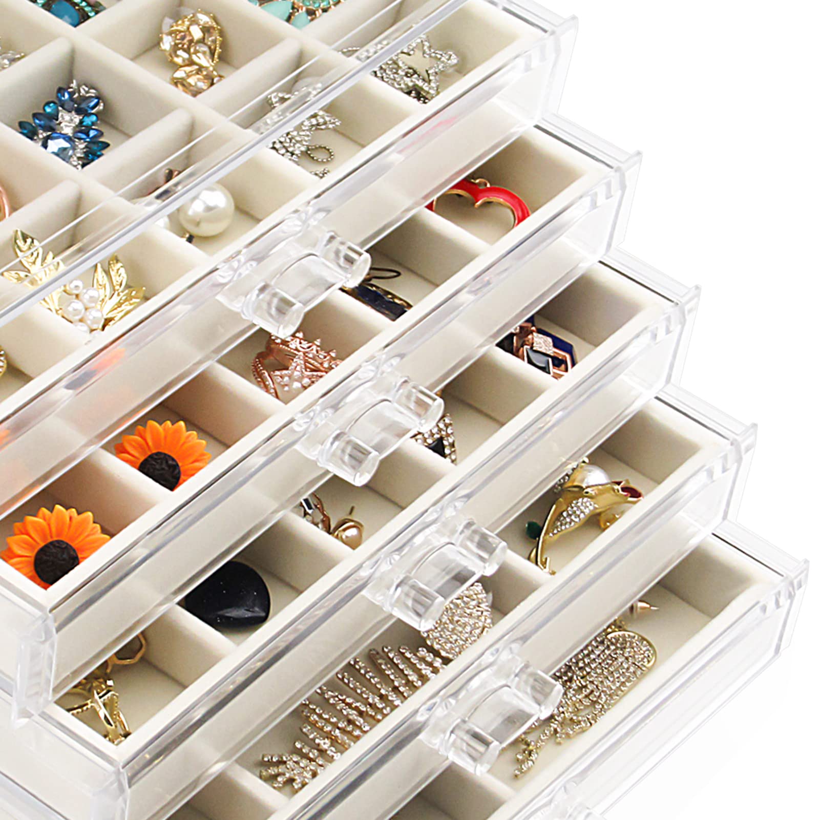 Watpot Watpot Acrylic Jewelry Box with 5 Drawers, Clear Earring Storage Organizer Display Case for Women Girls, Beige