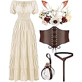 VillbeCoser Renaissance Costume Women Medieval Fairy Dress, Corset Elf Ears Garland Belt Potion Bottles Peasant Halloween