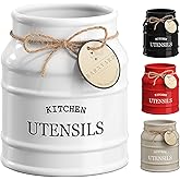 Barnyard Designs Ceramic Farmhouse Utensil Holder for Kitchen Counter, Large Rustic Utensil Crock, Countertop Cooking Tool Spatula Organizer, 6.75” (White)