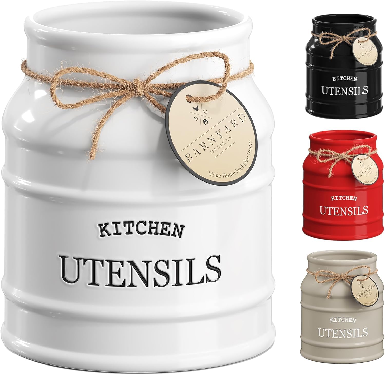 Photo 1 of Barnyard Designs Ceramic Farmhouse Utensil Holder for Kitchen Counter, Large Rustic Utensil Crock, Countertop Cooking Tool Spatula Organizer, 6.75” (White)