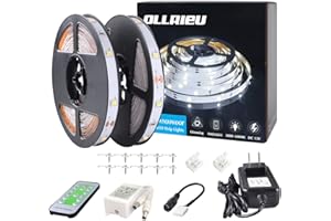 ollrieu 50ft White LED Strip Lights,12V Dimmable Tape Lighting with Infrared Remote,SMD 2835 LEDs Adhesive Ribbon Light,Connectable,Cuttable,Indoor Rope Light for Room Mirror Bedroom Kitchen
