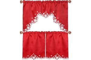 Simhomsen Embroidered Snowflakes Kitchen Window Curtain Swag and Tiers Set for Christmas and Winter (Red)