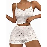 Hilinker Womens Graphic 2 Piece Pajama Set Summer Cute Crop Cami and Shorts Ribbed Lounge Sets