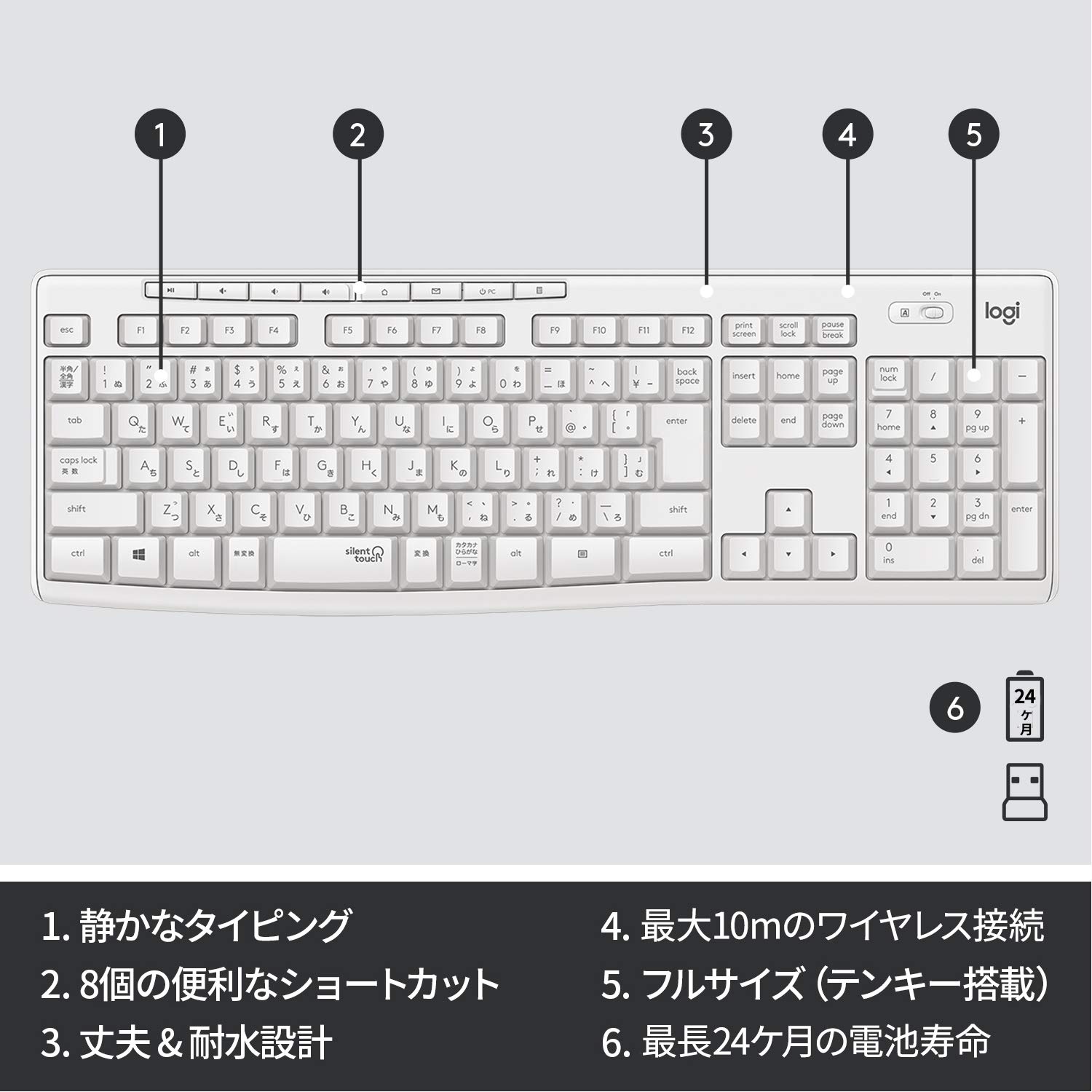 Logicool K295OW Wireless Keyboard, Quiet, Water resistant, Wireless, Unifying USD Receiver, Windows, Chrome, Off-White, Made in Japan (Japanese keyboard layout)
