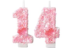 ZI LAN Pink Heart Birthday Candles Number 14, Glitter Sequins Number Candles with Heart Decorations Birthday Cake Candles for Girls Women, Birthday Party Wedding Anniversary Celebration Supplies
