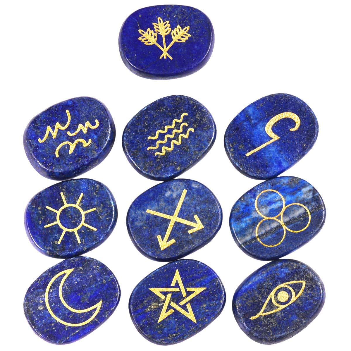 mookaitedecor Lapis Lazuli Witches Runes Set,Healing Crystal Palm Stone Engraved Gypsy Symbol for Meditation Divination