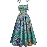 SHENHE Women's Floral Bustier Corset Dress Tie Shoulder Smocked Flowy Boho Long Dress Sundress