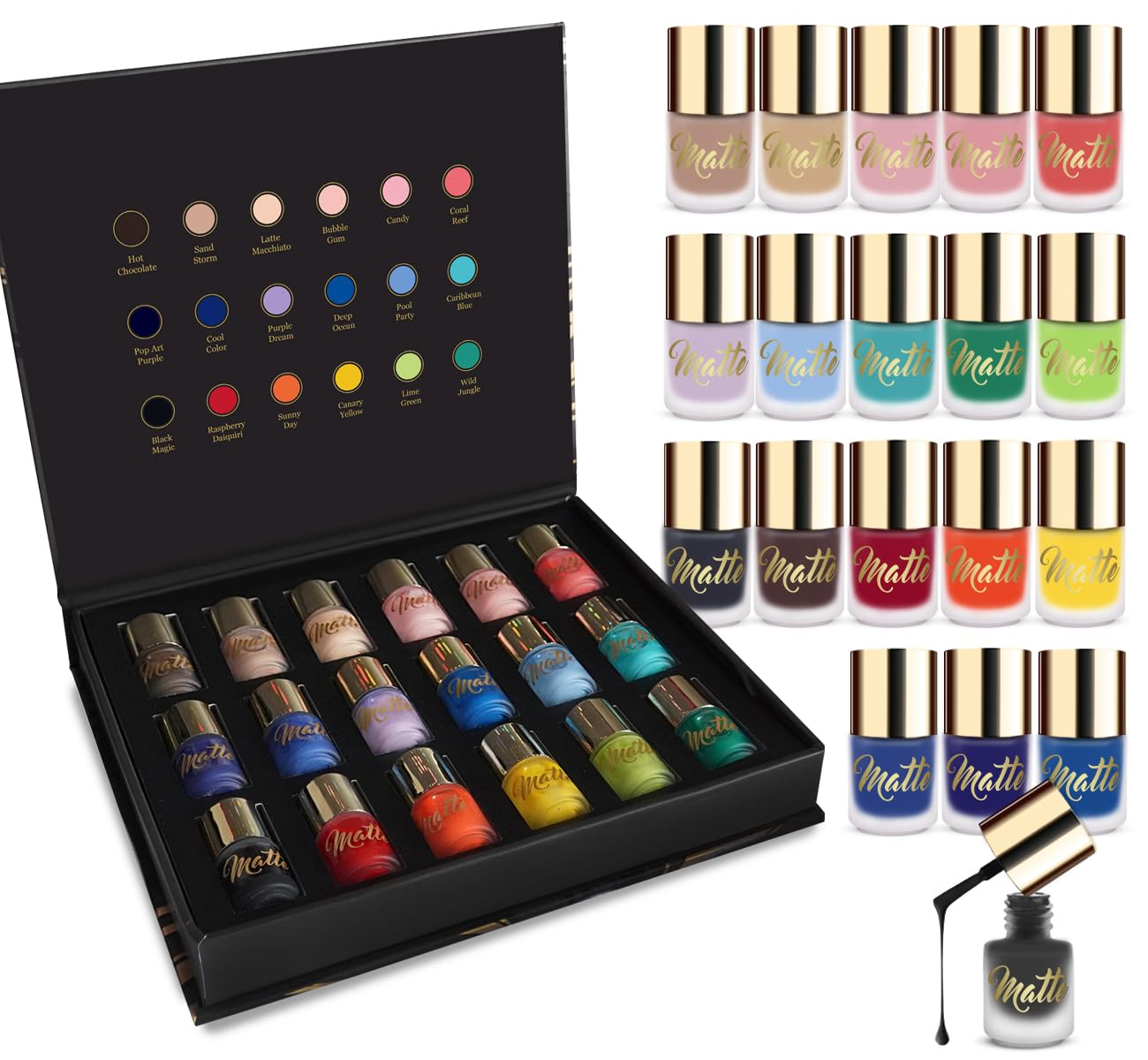 Matte Nail Polish Set – 18 Shades in a Luxury Black and Gold Box with Magnetic Closure, Featuring Frosted Glass Bottles and Gold-Tone Caps – Non-Gel Formula 100% British Brand