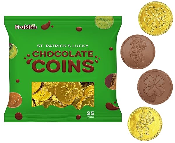 ST. PATRICK’S DAY MILK CHOCOLATE GOLD COINS 25 COINS, SHAMROCK & LEPRECHAUN THEMED COINS, PARTIES, EVENTS AND CELEBRATIONS, PERFECT FOR GIFT BAGS AND FESTIVE DECORATIONS, 4.5G MILK CHOCOLATE COIN