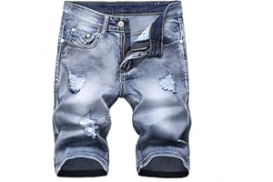 Men's Street Style Jean Shorts Trendy Ripped Knee Lenght Half Jeans Distressed Classic Fit Frayed Short Jean Pants