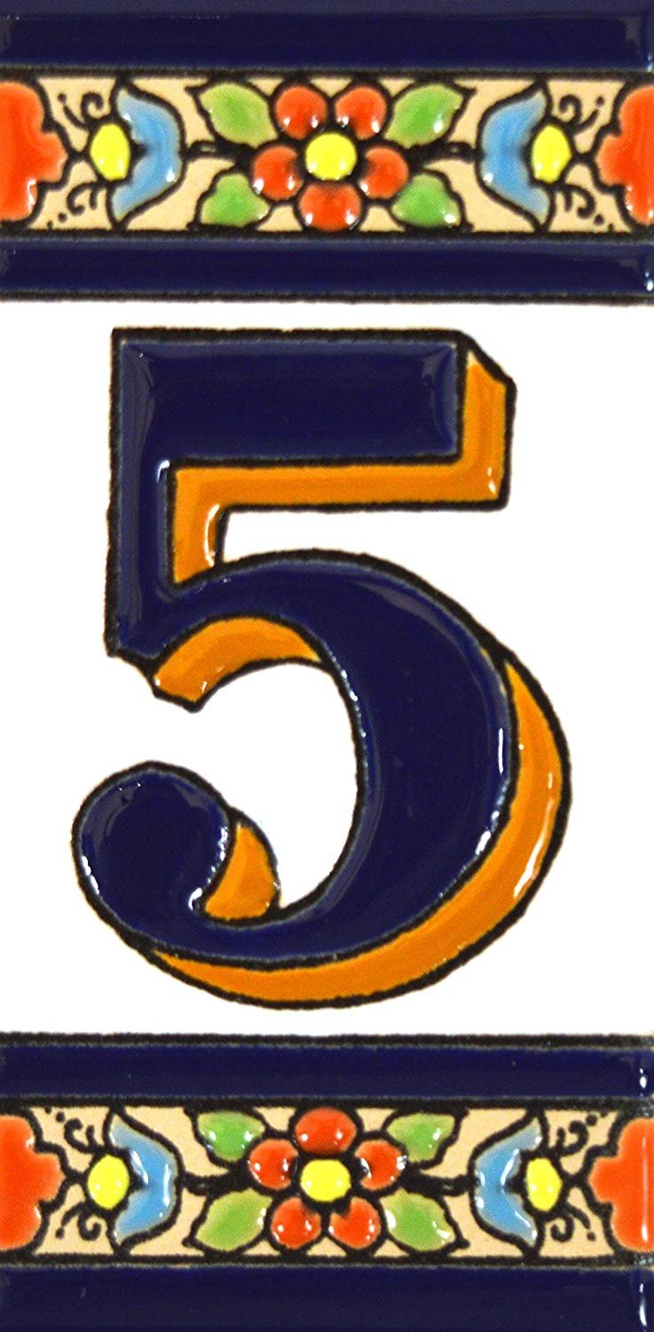 House numbers 4 inch. Handpainted house number tiles for signs, addresses and names. Address numbers for houses. House address numbers and letters. Design FLORES MEDIANO 4,29" x 2,13" (NUMBER 5) — image 1