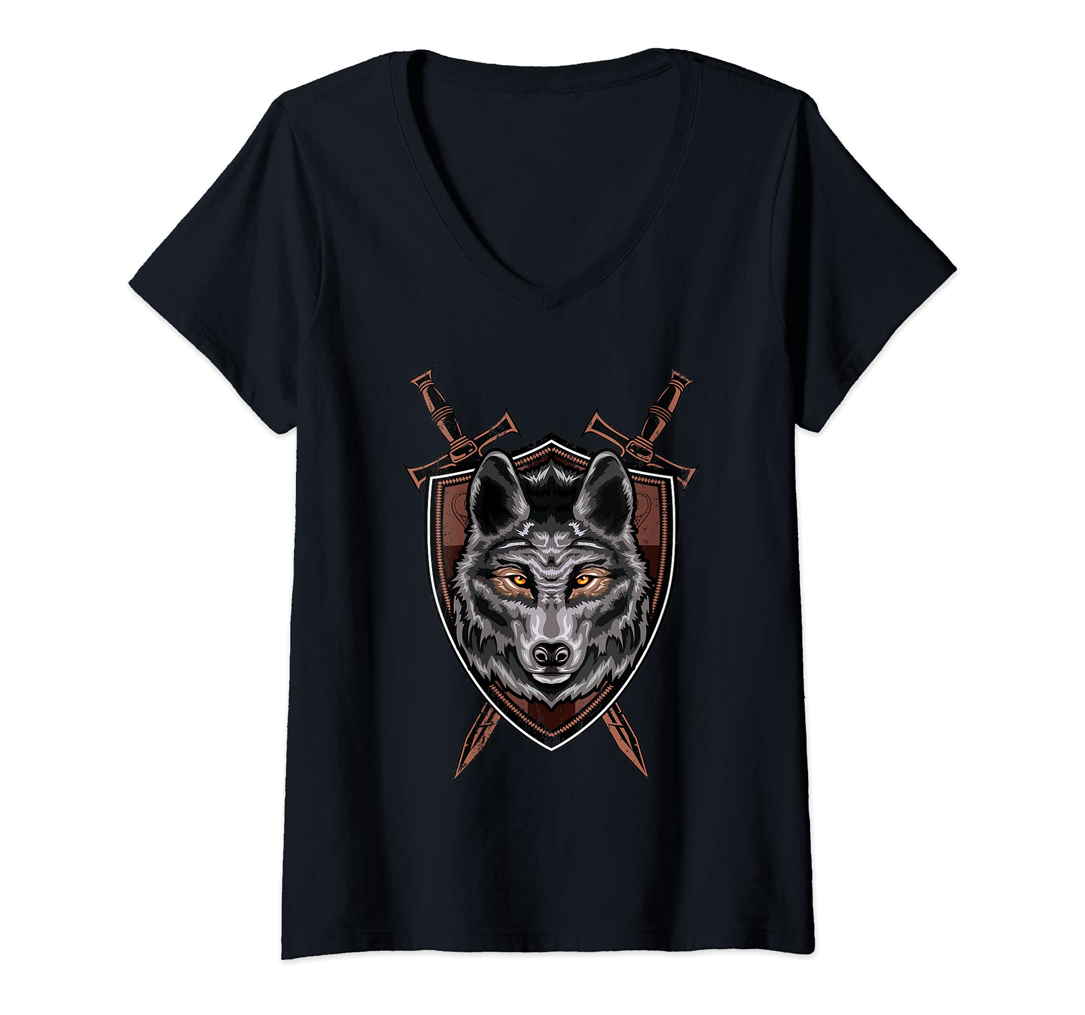 Womens Wolf Sword Shield Renaissance Medieval Knight House Sigil V-Neck T-Shirt
