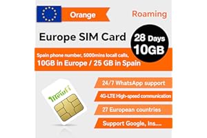 MEWFI Orange SIM Card Europe with Spanish Phone Number, 28 Days 10 GB in Europe, 25 GB in Spain –5000mins Local Calls, 4G Data–Easy Activation& 24/7 Whatsapp Support, for Unlocked Phones