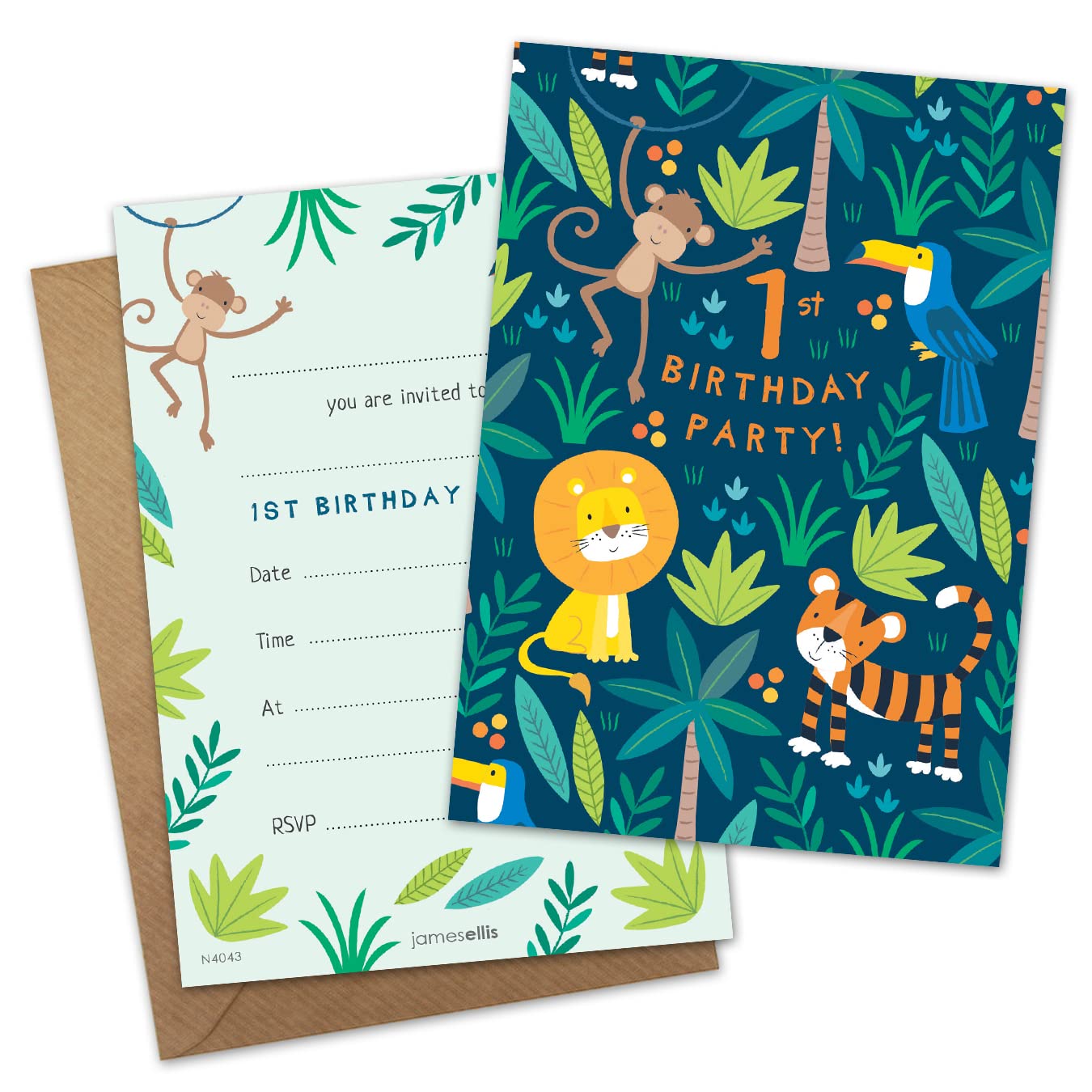 James Ellis Pack of 8 Children’s Blue Jungle Birthday Party Invitations Age 1 with Envelopes