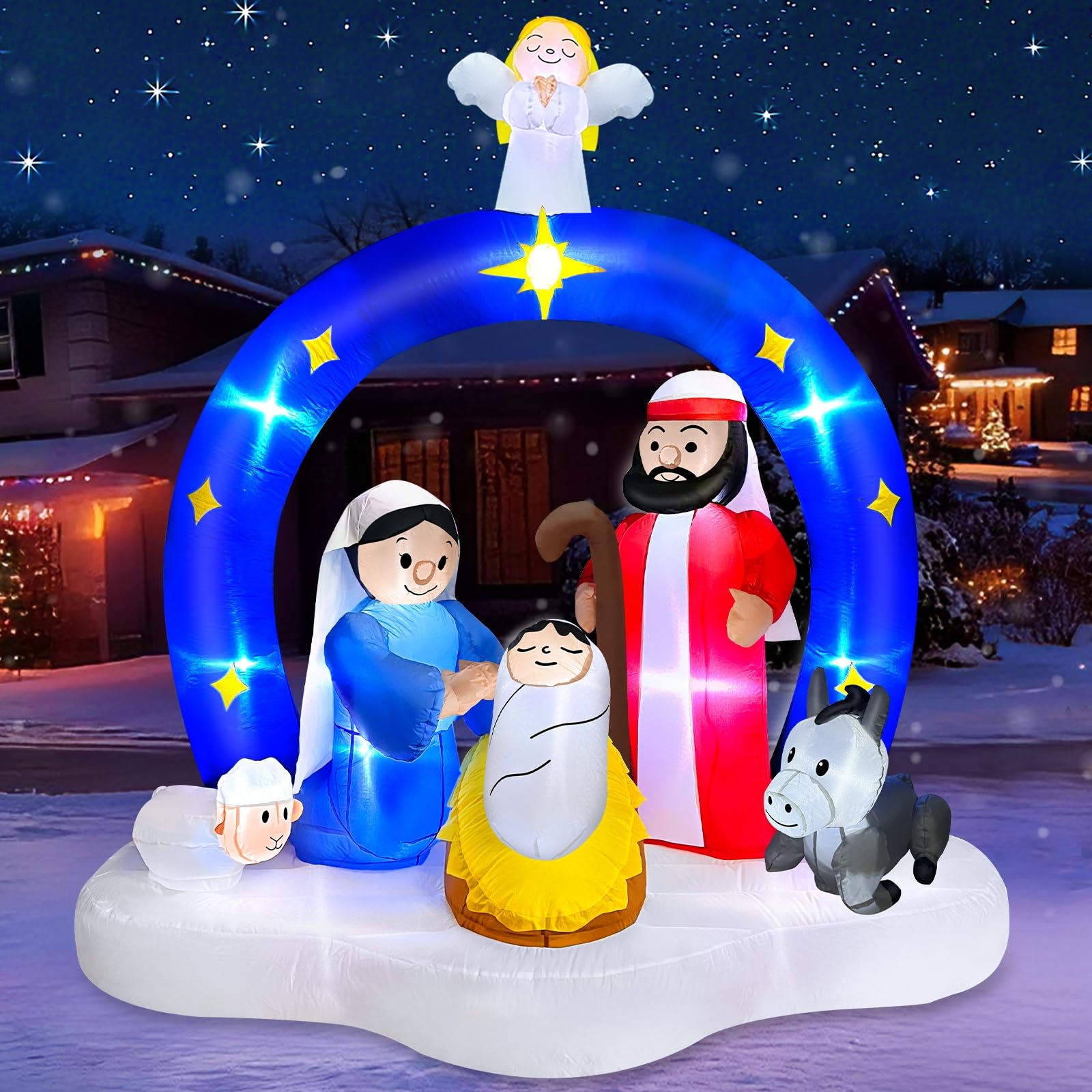Photo 1 of 7 FT Tall Christmas Inflatables Nativity Scene with Angel Archway Outdoor Decorations, Blow Up Nativity Set LED Lighted The Birth of Jesus Scene Christmas Outdoor Inflatable Decor for Yard Garden