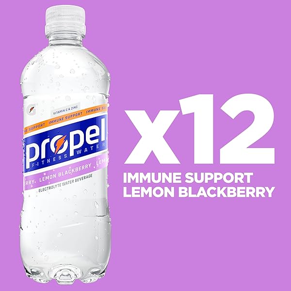 PROPEL IMMUNE SUPPORT ELECTROLYTE ENHANCED WATER SPORTS DRINK, LEMON BLACKBERRY FLAVORED WATER, 100% DV VITAMIN C + ZINC, ZERO CALORIE & ZERO SUGAR HYDRATION WITH ELECTROLYTES AND VITAMINS, 16.9 FL OZ WATER BOTTLES (12 PACK)