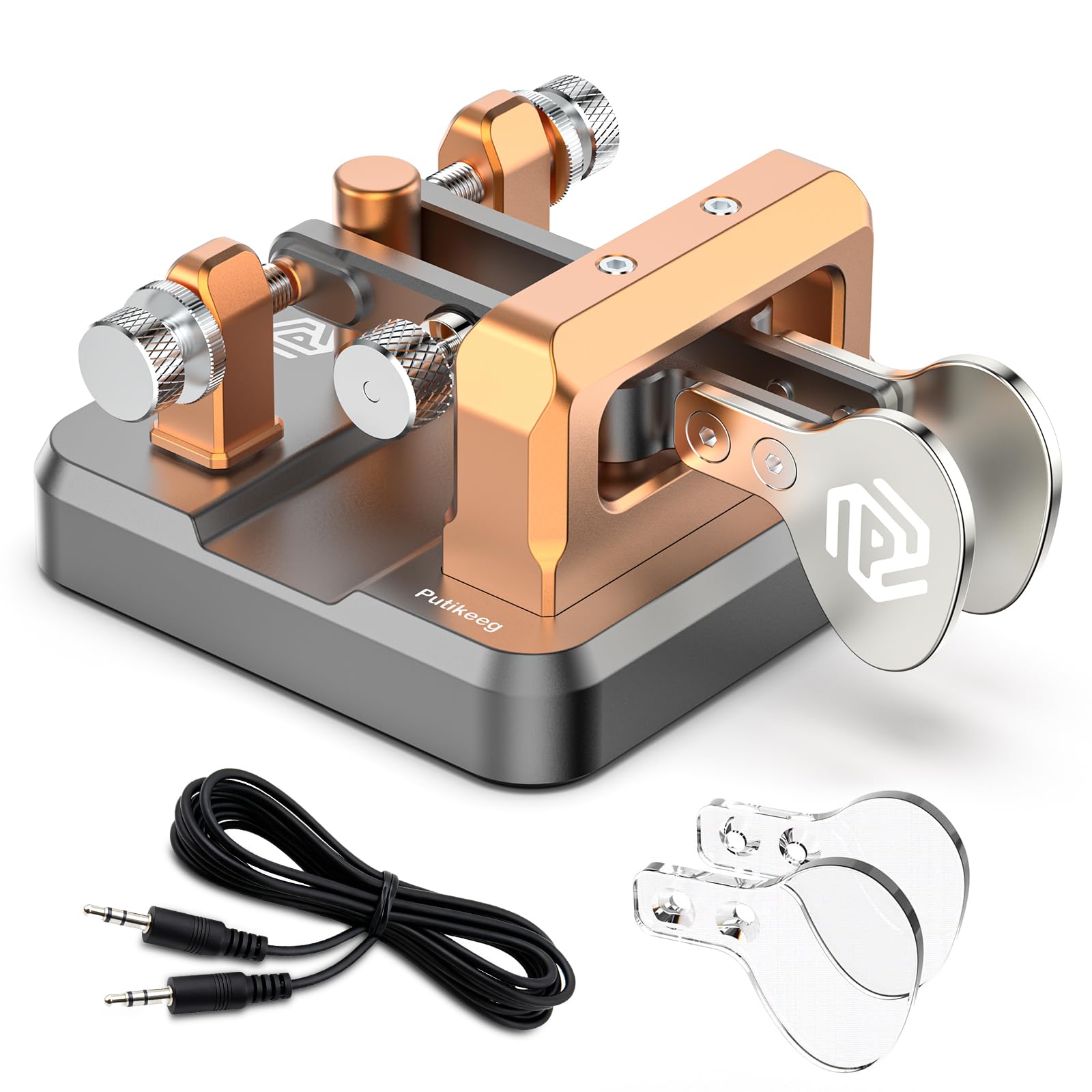 Putikeeg CW Morse Button, Telegraph Button, Amateur Radio Key, Morse Code Machine, Telegram Keyboard, Morse Code Transmitter, CW Keys Double Lever (Grey/Gold)