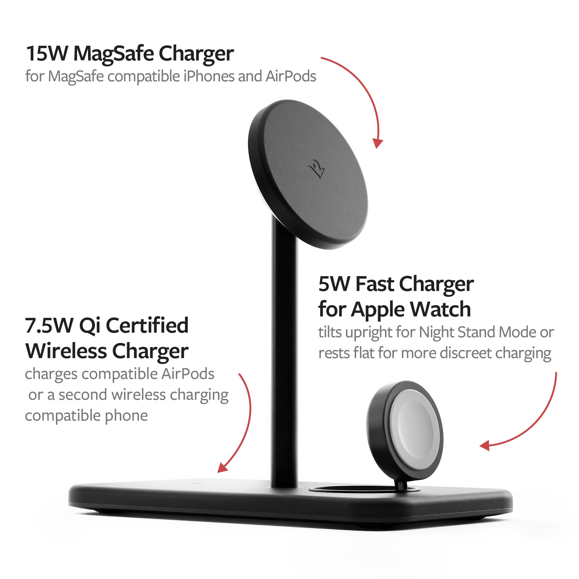 Twelve South HiRise 3 Deluxe, Compact Luxury Wireless Magsafe Charging Stand for iPhone, AirPods and Apple Watch - Includes US Power Supply with 5 Foot Cord, Plus International Plug Adapters, Black