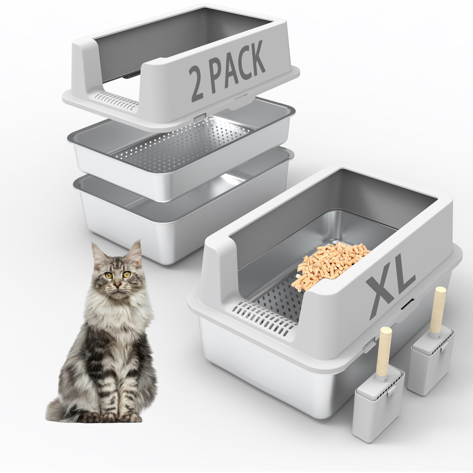 Photo 1 of 2PACK Stainless Steel Sifting Litter Box for Pine Pellets,Enclosed Metal Sifting Cat Litter Box with Lid,High Sides, Anti-Urine Leakage