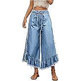 SOLY HUX Women's High Waisted Ruffle Hem Wide Leg Baggy Jeans Drawstring Fringe Denim Pants