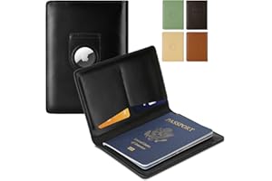 KICOROINY Full Grain Leather AirTag Passport Holder Wallet Cover for Men and Women Travel, Passport Holder with AirTag Slot Passport Wallet, Travel Essentials Genuine Leather Passport Cover Gifts (Black)