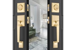 EHOMEWARE Brass Double Front Door Handle Set, Gold Heavy Duty Square Door Lever and Single Cylinder Deadbolt Combo for Side by Side Entrance Exterior Doors, Satin Brass Finish