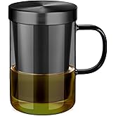 ecooe 16.9oz Glass Tea Cup with Infuser and Lid Clear Glass Tea Cup with Removable Stainless Steel Infuser & Lid, 500ml Teacup for Loose Leaf Tea, Tea Maker Gift for Birthday (Black Glass)