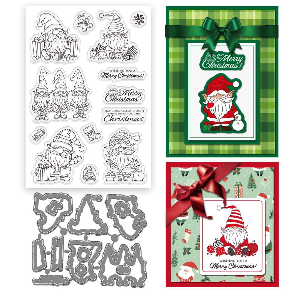 INFUNLY Merry Christmas Stamp & Die Set - Santa Claus, Xmas Gnome, Snowflake Rubber Stamps & Dies for Card Making & Scrapbooking