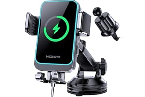 Wireless Car Charger, MOKPR 15W Fast Charging Auto Clamping Dashboard Windshield Air Vent Car Phone Holder with LED Light Car Charger for iPhone 16 15/14/13/12 Pro Max Plus, Samsung S23/S22/S21,etc