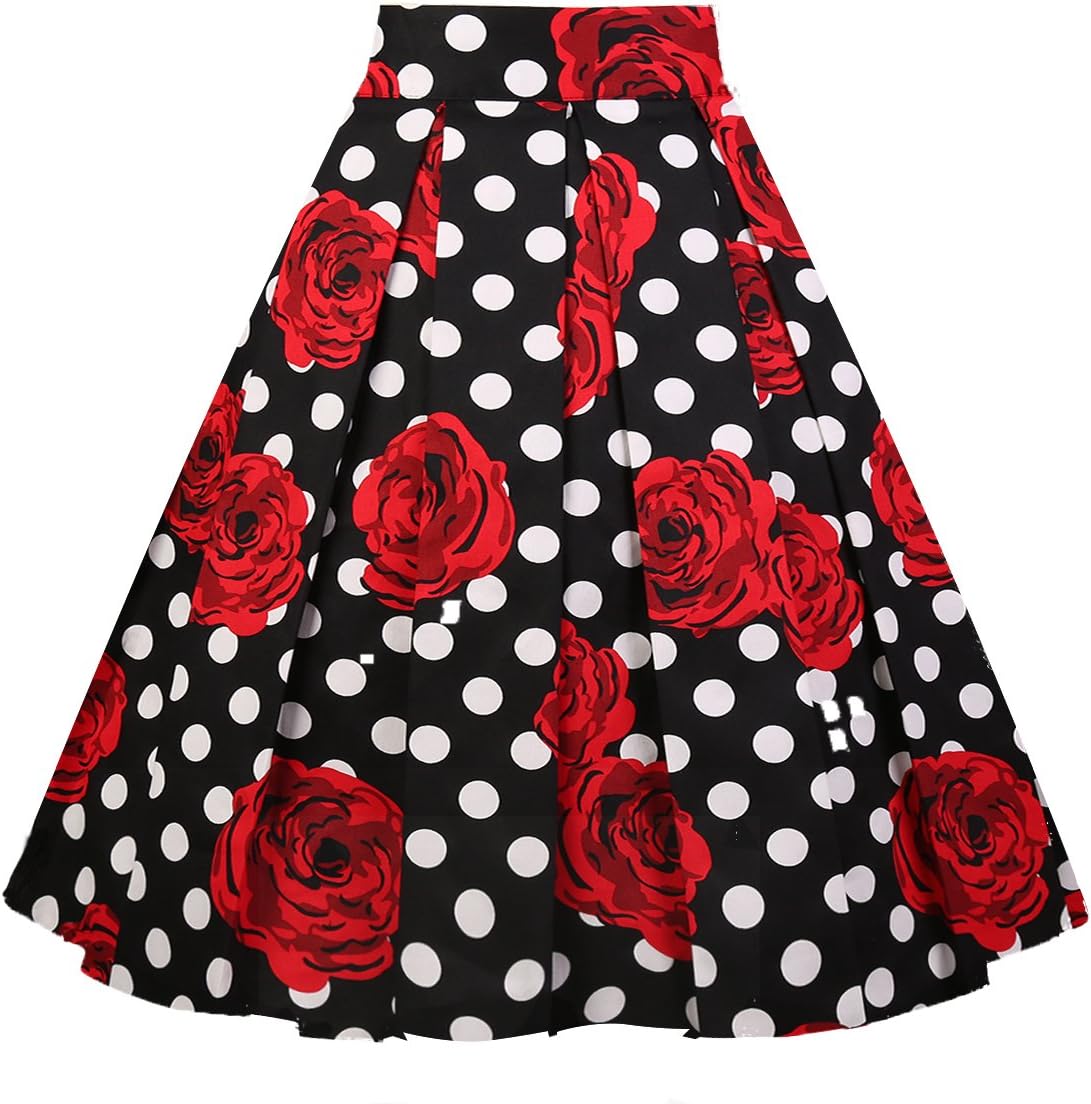 GirstunmWomen's Pleated Vintage Skirt Floral Print A-line Midi Skirts with Pockets