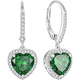 FJ Heart Dangle Drop Earrings 925 Sterling Silver Halo Leverback Earrings Birthstone Jewelry for Women