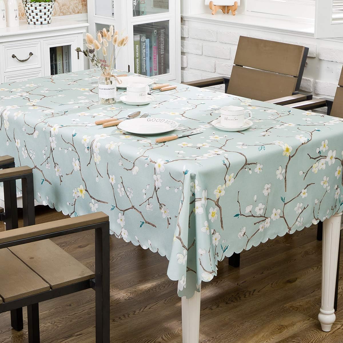 Hewaba Rectangle Printed Tablecloth - 60" x 120" Polyester Washable Table Cover, Seats 10-12 People, Wrinkle Free, Oil-Proof/Waterproof Tabletop Protector for Kitchen Dining Party - Plum Blossom …