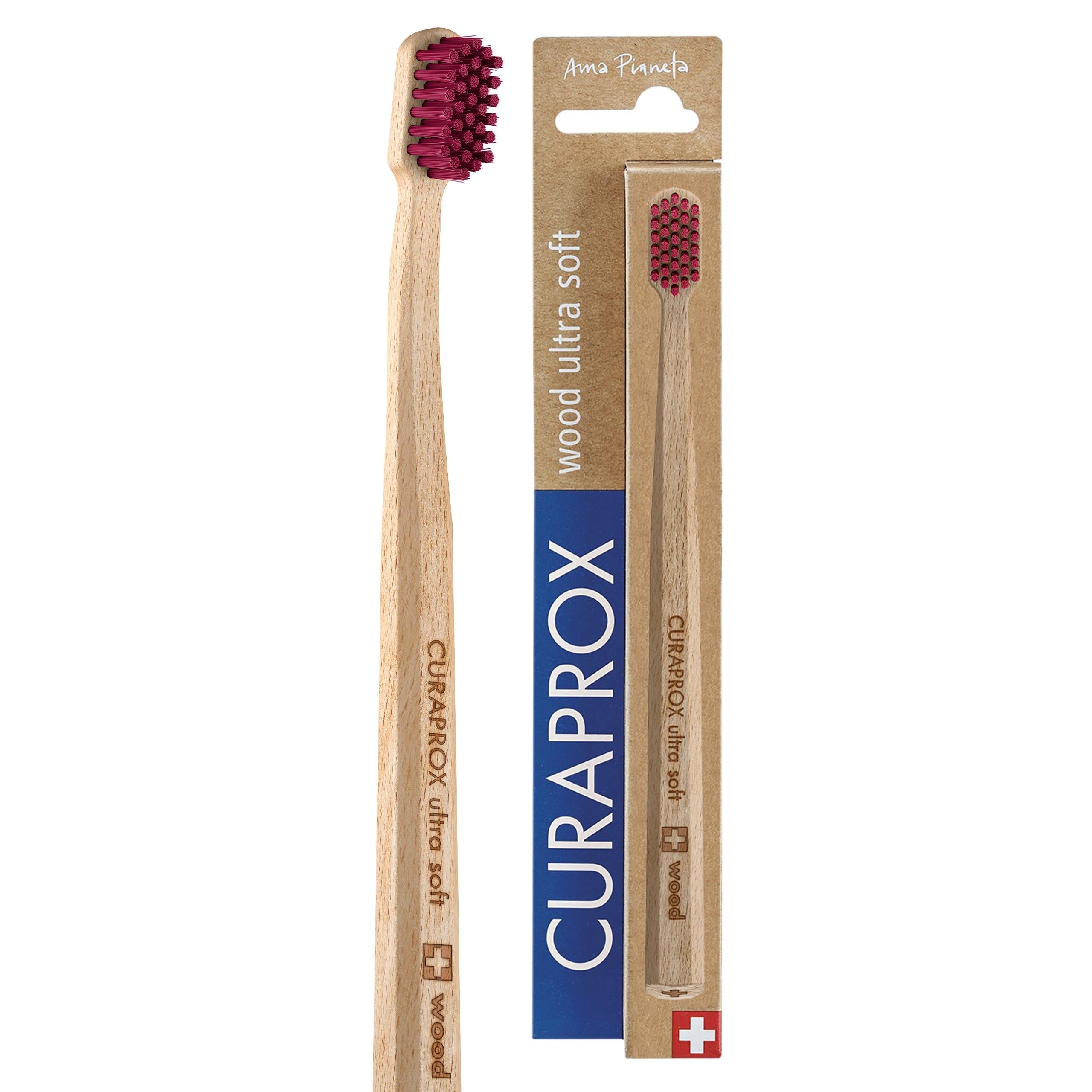 Curaprox CS Wood Toothbrush – for Eco-Friendly Oral Care | Ultra-Soft Plaque Removal | Bordeaux Red Beechwood Handle | Single Pack | Made in Switzerland