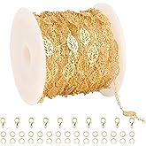 SMYHTGLIF 5 Meters Gold Leaf Cable Chain for Jewelry Making Chains Gold Plated Brass Jewelry Making Chains Bulk with Lobster Clasps and Open Rings