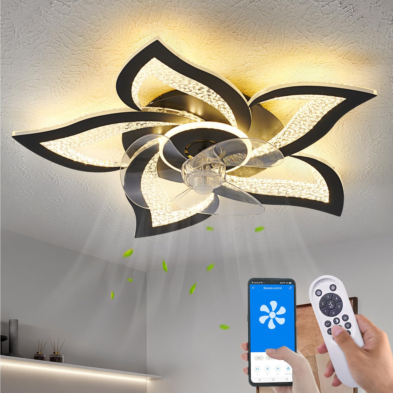 Ceiling Fan with Lights Remote Control, Black Personalized Ceiling Fan with Light, 6 Speeds 3 Light Color Flush Mount Ceiling Fan for Kitchen Bedroom