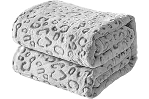 FY FIBER HOUSE Flannel Fleece Throw Microfiber Blanket with 3D Leopard Print,50"X60",Grey