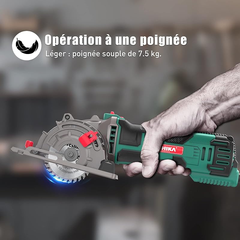 HYCHIKA 500W Mini Scie Circulaire, 4500RPM, Profondeur de coupe: 0-25mm, Moteur en Cuivre Pur, 3 Lames pour les coupes de bois, de métal mou, de carreaux et de plastique