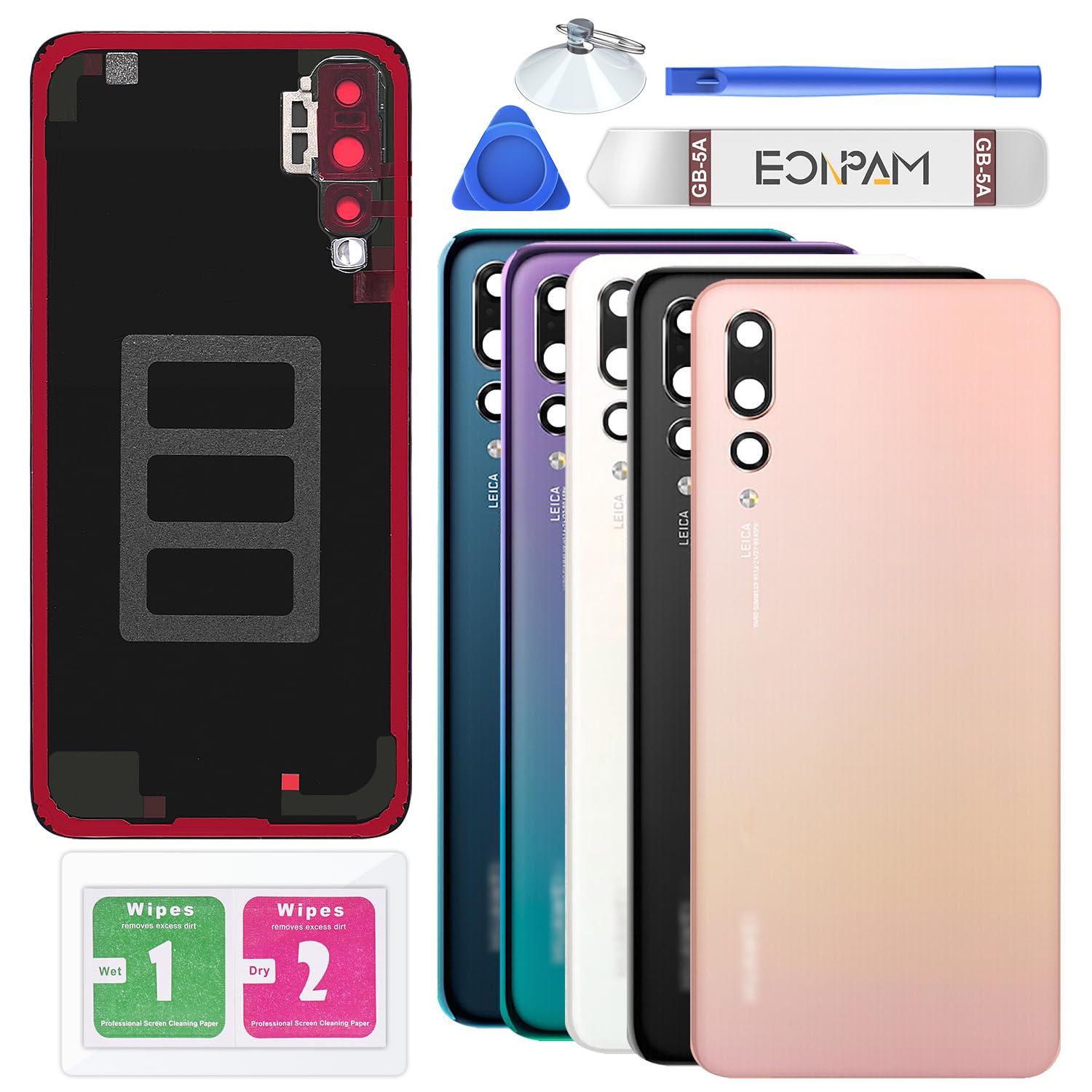 Eonpam Back Cover Glass for Huawei P20 Pro Rear Glass Replacement with Camera Lens + Repair Kit Genuine Rear Housing (Pink)