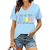 PICKID Easter Shirt Women Cute Bunny T Shirt Happy Easter Shirts Rabbit Graphic Easter Gift Tees Holiday V Neck Tops