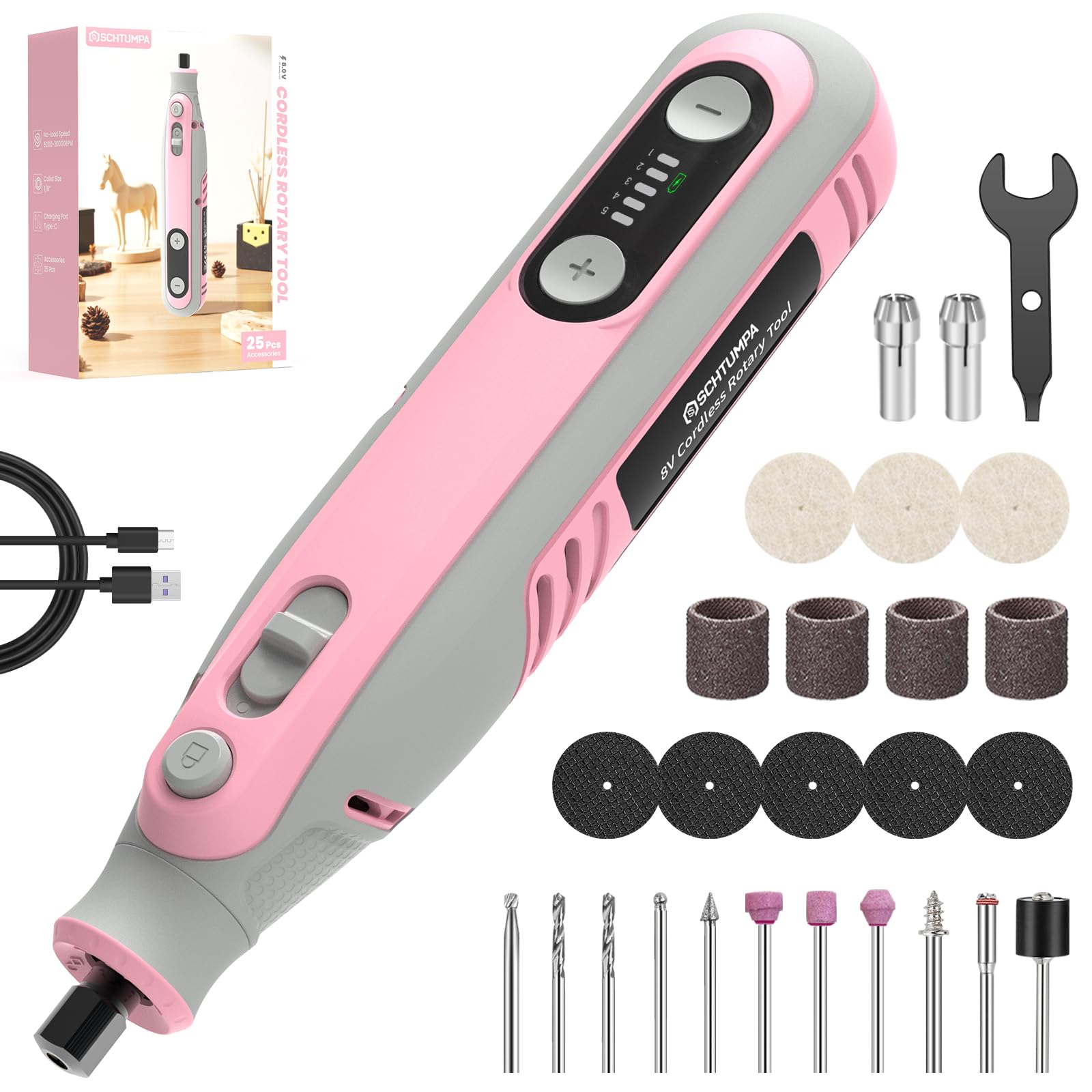 Photo 1 of SCHTUMPA Cordless Rotary Tool 8V, 5 Variable Speed, 5000-30000RPM, 2.0Ah Battery, 25 Upgraded Accessories, Rotary Tool Kit for Sanding, Engraving, Polishing, Cutting, Drilling, Crafts and Pet Nails