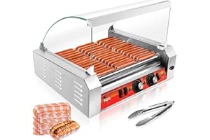 FIZIX 1670W Commercial Hot Dog Rollers,11 Rollers 30 Hotdog Roller Grill,Stainless Steel Hot Dog Machine with Dust Cover,Hot Dog Roller Machine with Dual Temp Control and Led Light/Detachable Drip Tray
