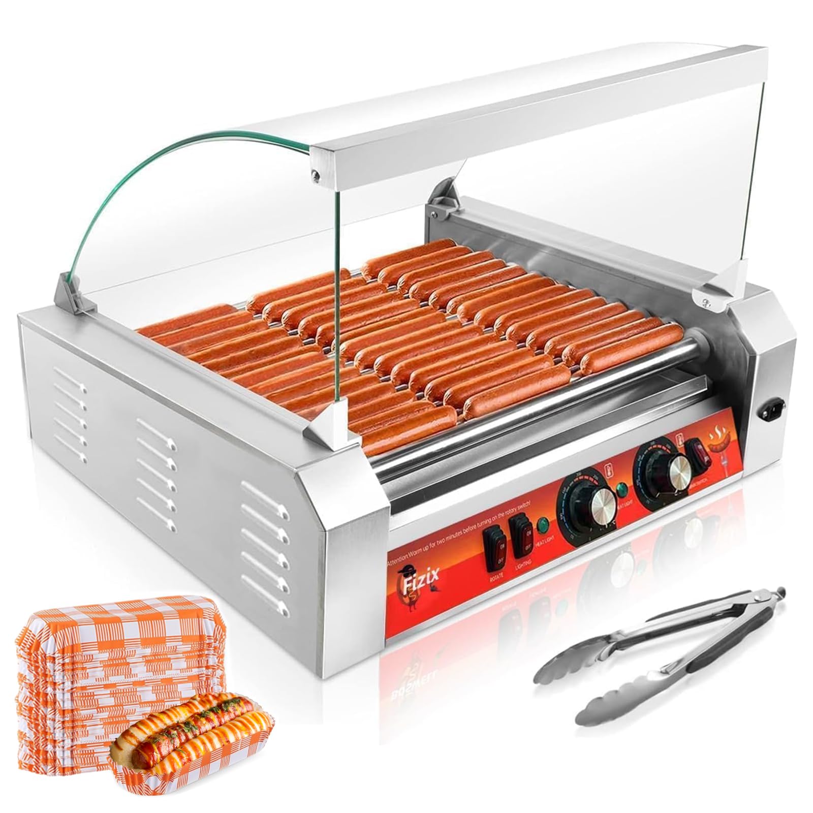 Photo 1 of 1670W Commercial Hot Dog Rollers,11 Rollers 30 Hotdog Roller Grill,Stainless Steel Hot Dog Machine with Dust Cover,Hot Dog Roller Machine with Dual Temp Control and Led Light/Detachable Drip Tray