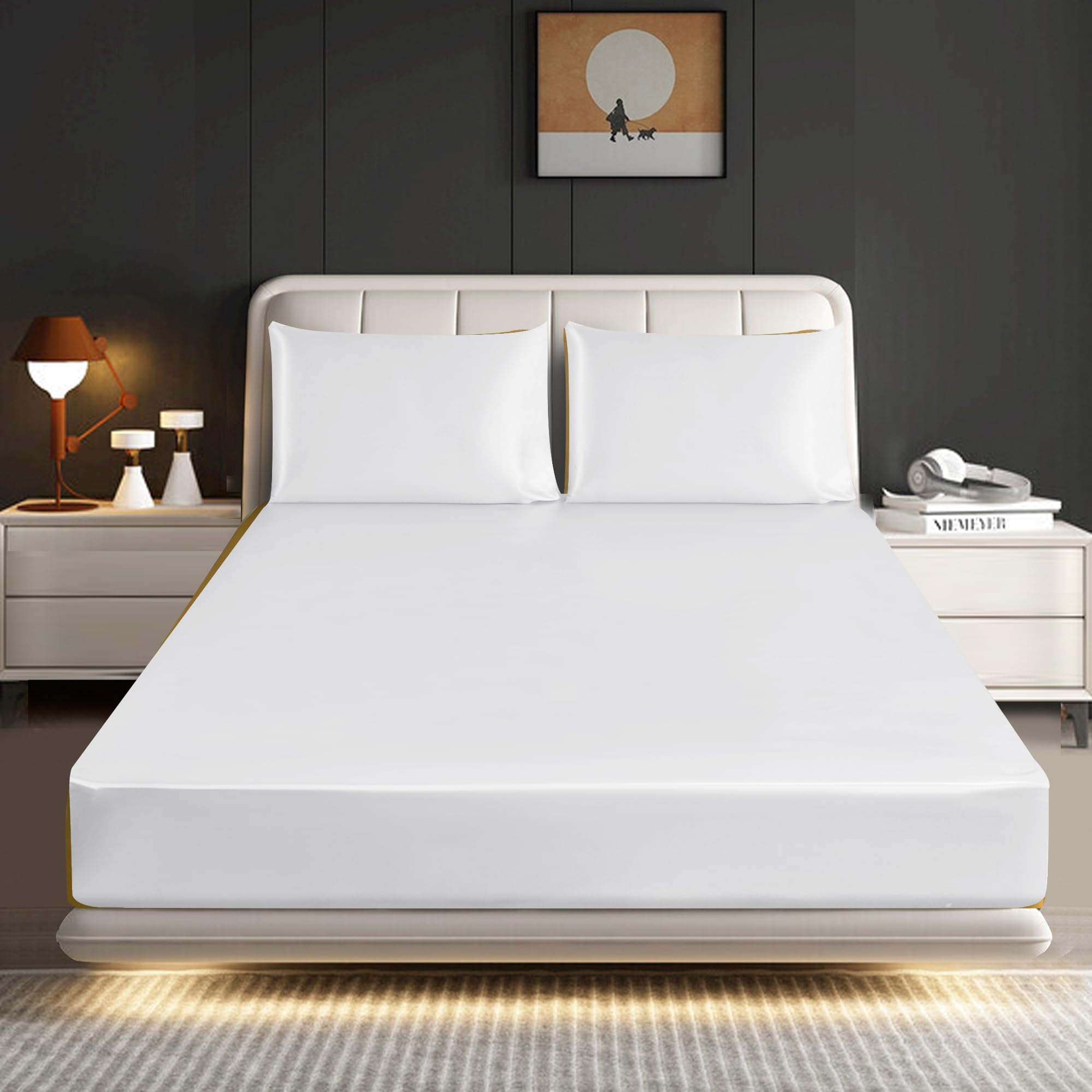 ROOEE Satin Silk Fitted Sheet with Pillowcase Set Breathable Soft Bedding Brushed Fabric Wrinkle, Shrinkage and Fade Resistant Bottom Bed Sheets (WHITE, Single)