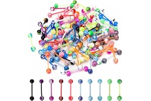 CrazyPiercing 100Pcs 14G Acrylic Tongue Rings, Multi Color Assortment Flexible Tongue Rings Barbells Mix Piercing