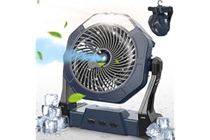 Ausic Misting Fan Portable, Camping Fan with Light & 250ml Water Tank, 10000mAh 8 Inch Battery Operated Rechargeable Fan, Outdoor Fans for Patios, Cooling Fan with Hook for Tents, Bedroom, Travel