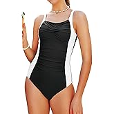 DAXIANG Girls One Piece Swimsuit Modest Ruched Color Block Bathing Suit Tween Adjustable Straps Padded Swimwear Size 7-16