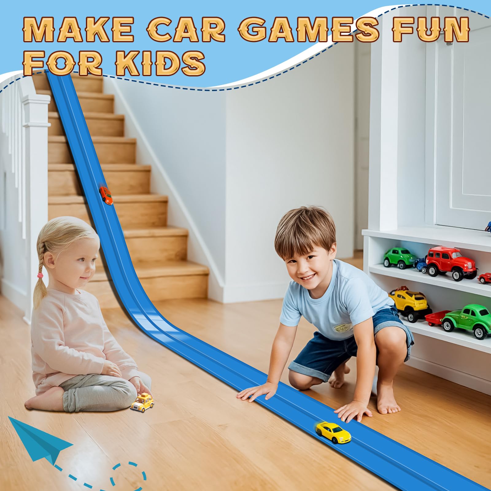 Flex Track 15 Ft Starter Set, Flexible Race Car Ramp Track for Ages 3 & Up with Suction Cups Compatible with Hot Wheels and Diecast 1/64th Cars