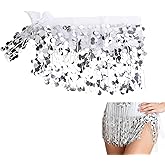 Women's Belly Dance Sequins Scarf Sequin Skirt Sparkly Fringe Skirt Belly Dance Skirt Halloween Rave Outfits Costume for Women Silver