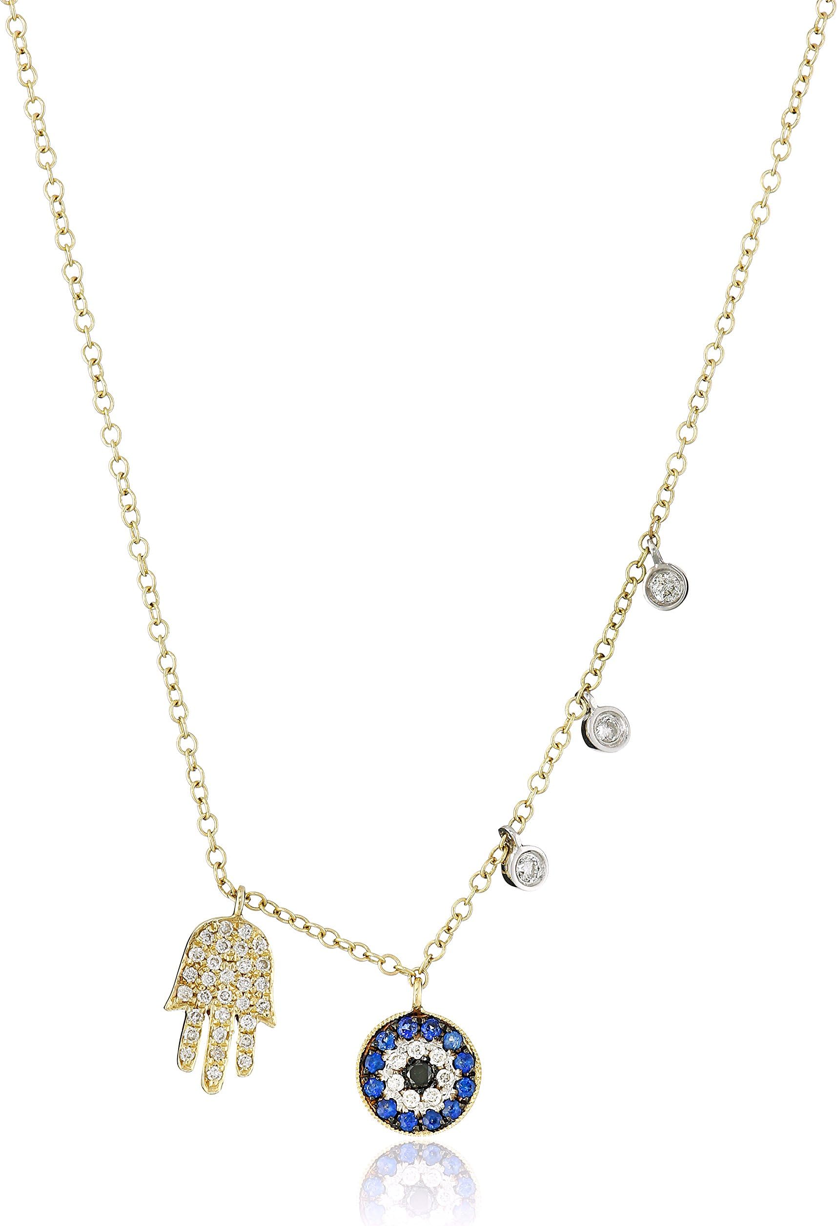 Meira T Yellow Gold Asymmetric Hamsa Evil Eye Diamond Pendant Necklace, 16"