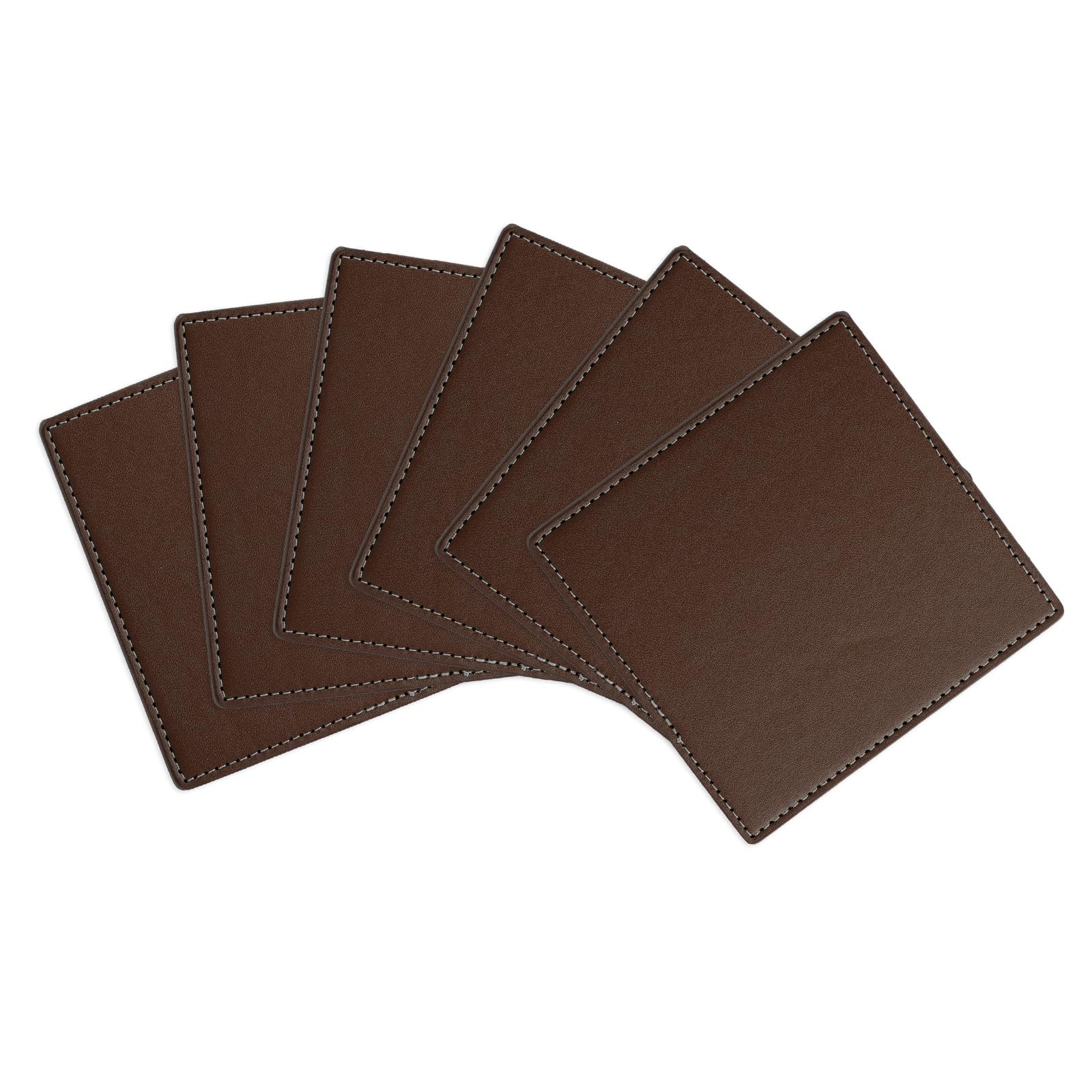uxcell Square Drink Coasters Set of 6 White Stitched Dual Sided Non-Slip Non-Stick Waterproof Leather Coasters for Drinks, Coffee Table, Housewarming Gifts, Home Decor 4"×4"Brown